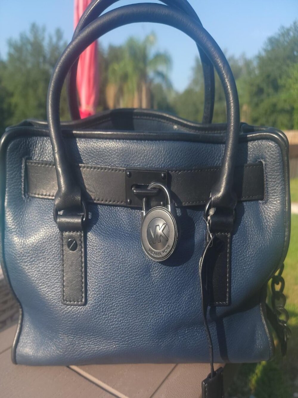 Michael Kors Hamilton Medium Navy Pebbled Leather Satchel Shoulder Bag Lock & Ke